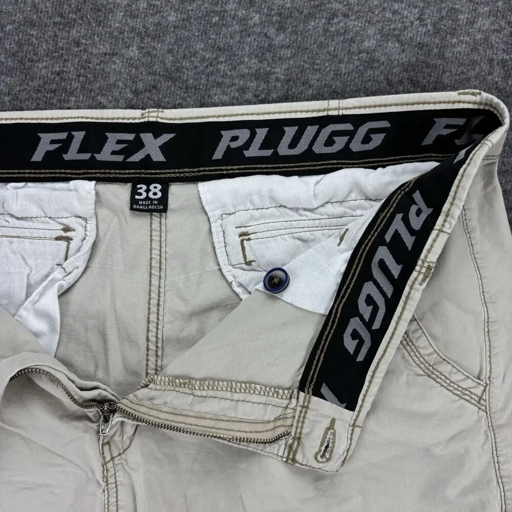 PLUGG FLEX Men’s Cargo Shorts Size 38 Khaki Tan Waist Multi Pocket Cotton Casual